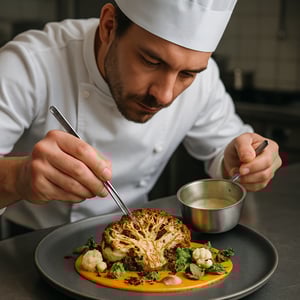 A chef is skillfully preparing a unique and artistic dish featuring cauliflower as the main ingredient The chef is likely employing innovative techniques and presentation styles to highlight the flavors and textures of the cauliflower transforming it
